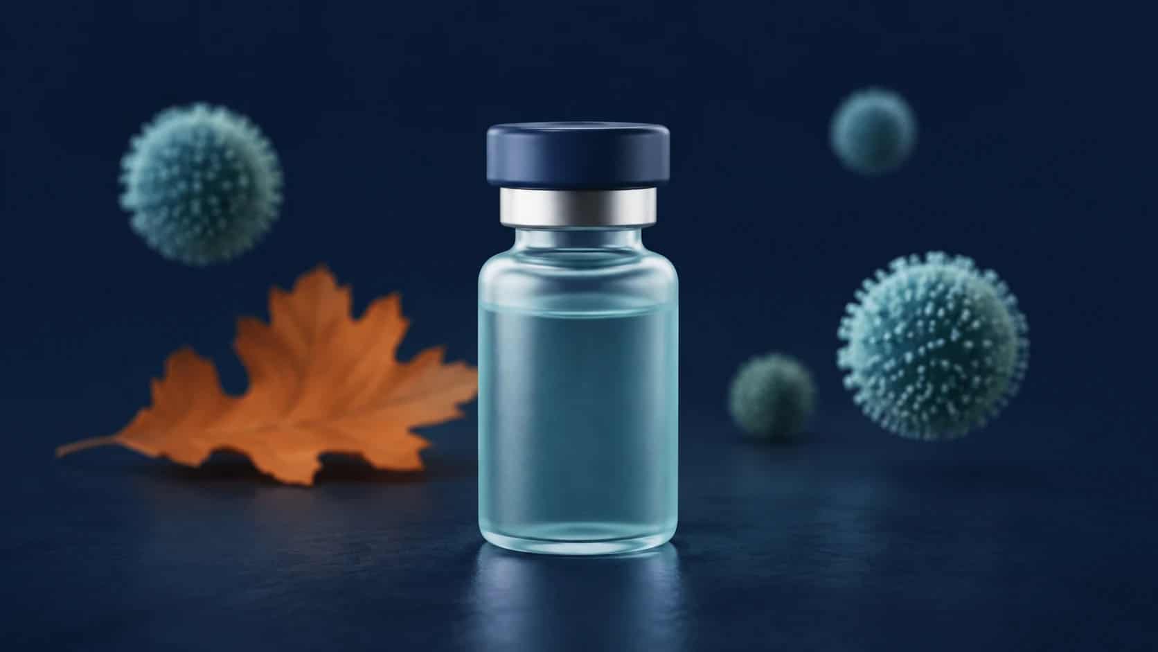 Etiketsiz aşı flakonu, temsili influenza parçacıkları ve sonbahar yaprağı.