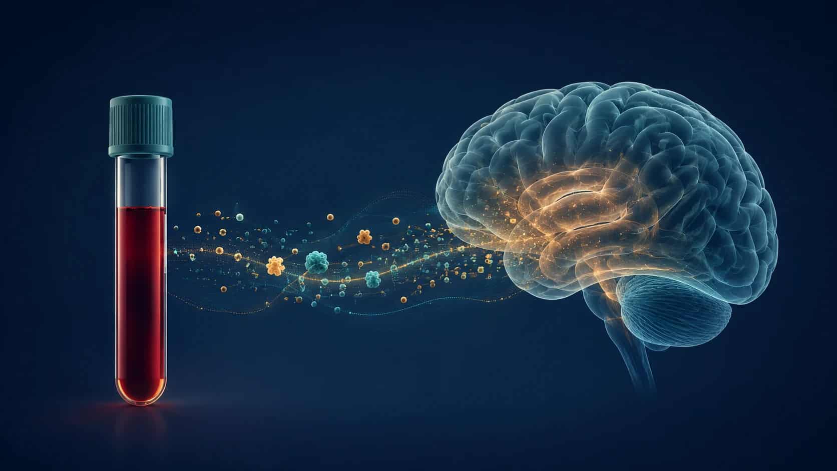 Alzheimer değerlendirmesinde kan biyobelirteçlerini temsil eden numune tüpü ve stilize beyin illüstrasyonu