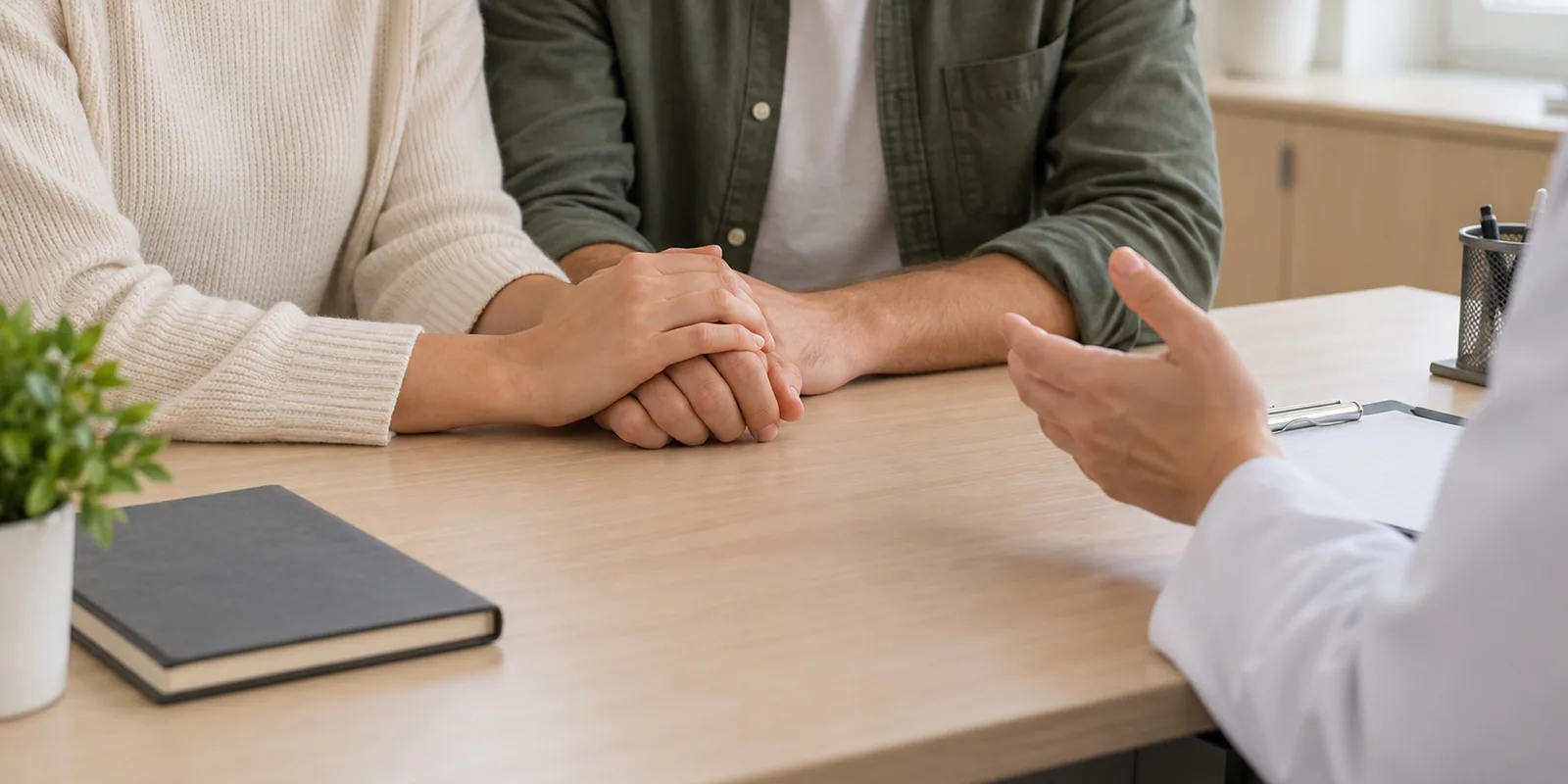 A couple holding hands at a consultation table while a health worker gestures.