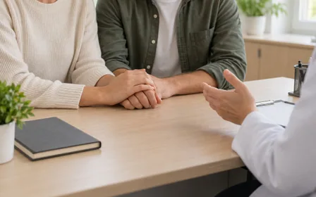 A couple holding hands at a consultation table while a health worker gestures.