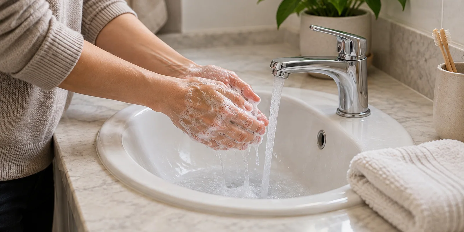 An adult washing their hands with soap at a sink.
