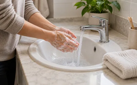 An adult washing their hands with soap at a sink.