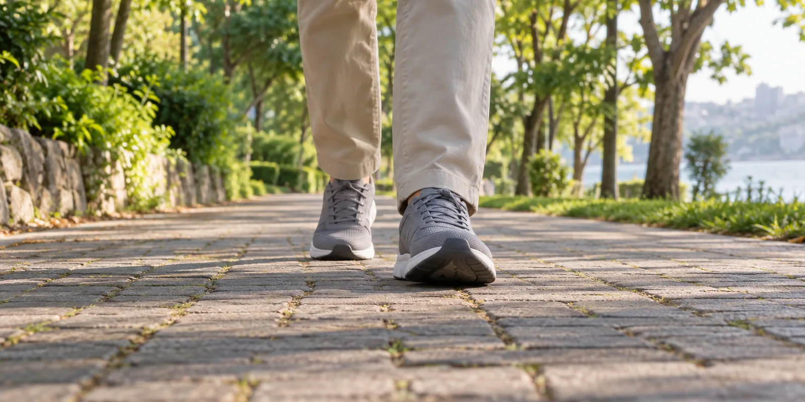 An adult's legs walking on a park path.