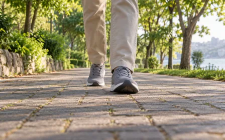 An adult's legs walking on a park path.