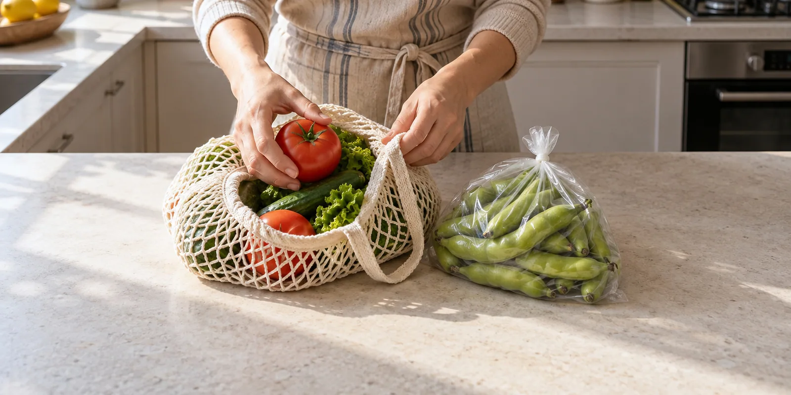Hands arranging vegetables, with broad beans set apart.