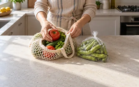 Hands arranging vegetables, with broad beans set apart.