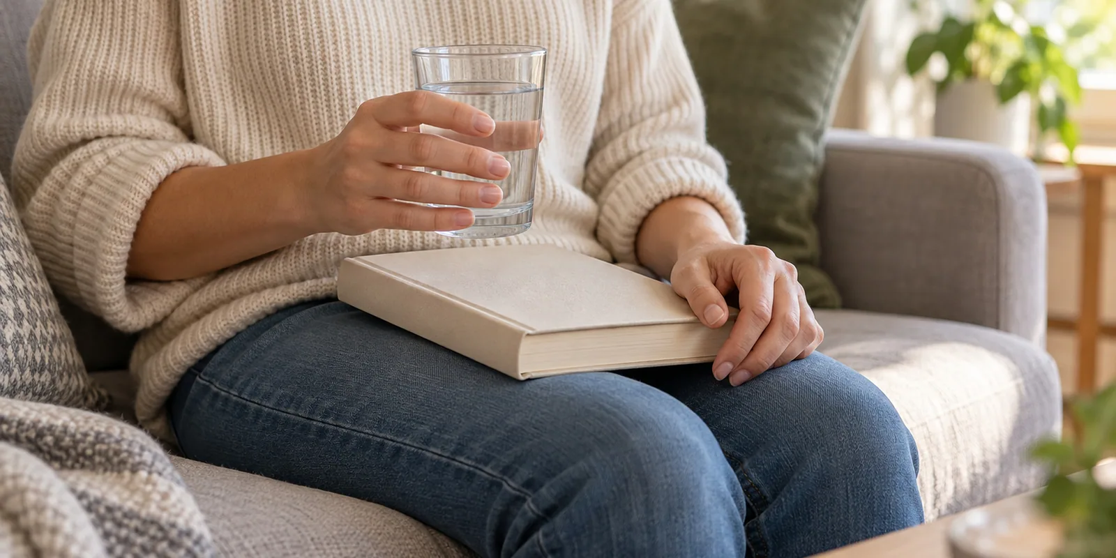 An adult resting on a sofa holding a glass of water.