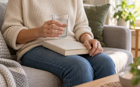 An adult resting on a sofa holding a glass of water.