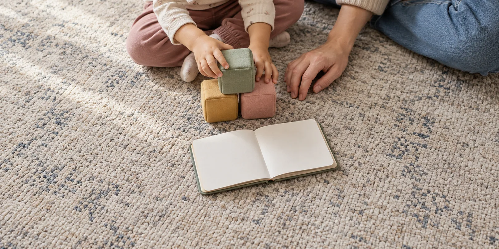 A child playing with soft blocks beside a parent's hand.