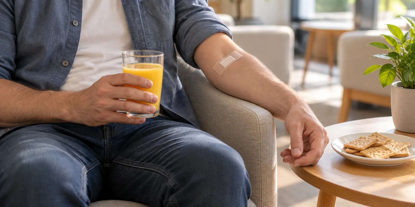 An adult holding a juice while resting after donating.