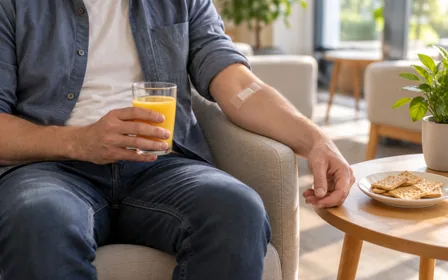 An adult holding a juice while resting after donating.