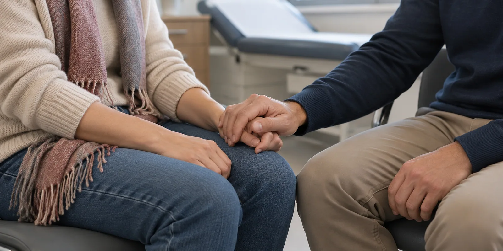 An adult holding a companion's hand in a clinic room.