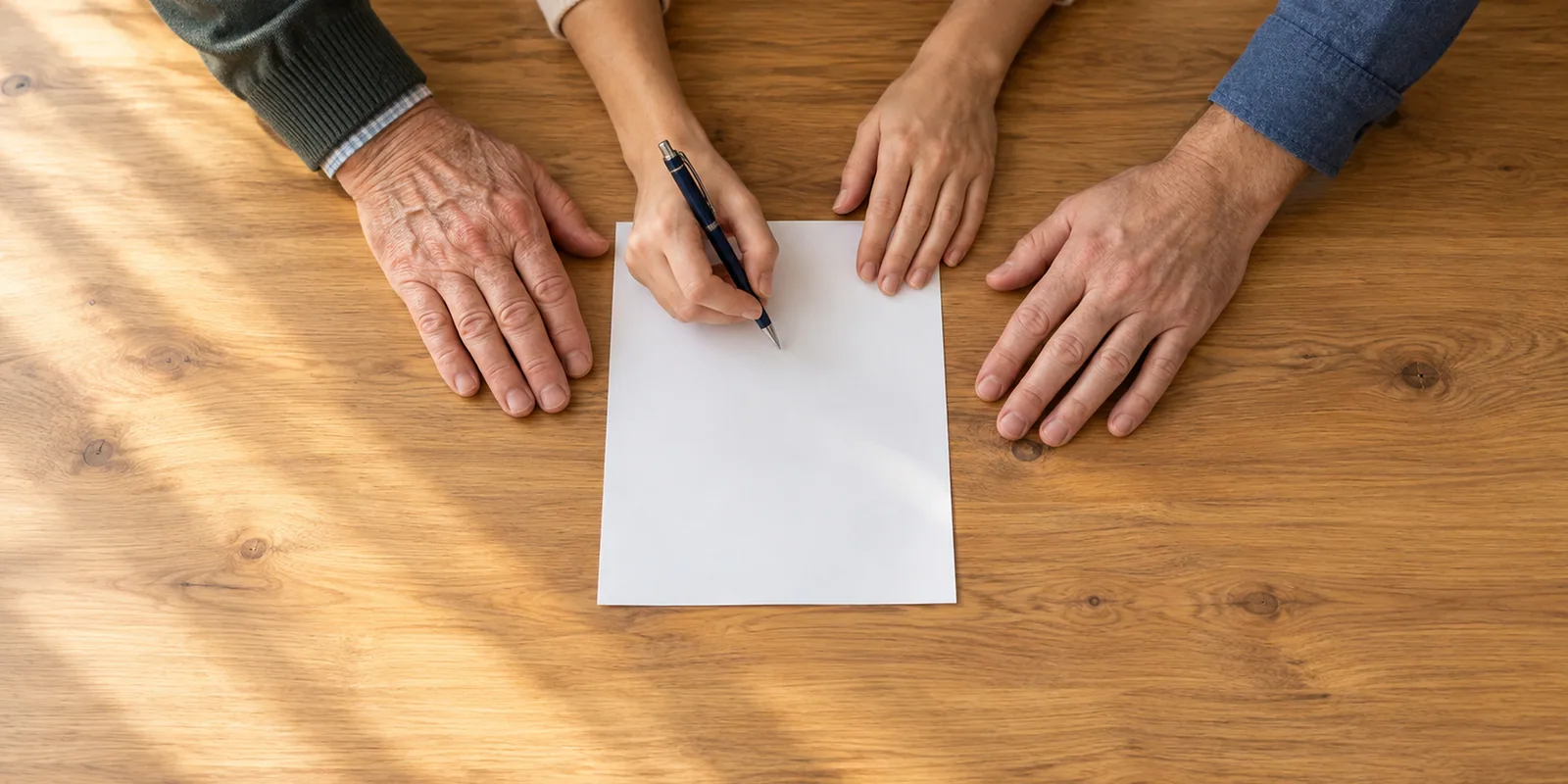 Adults' hands at a volunteer donor registration table.