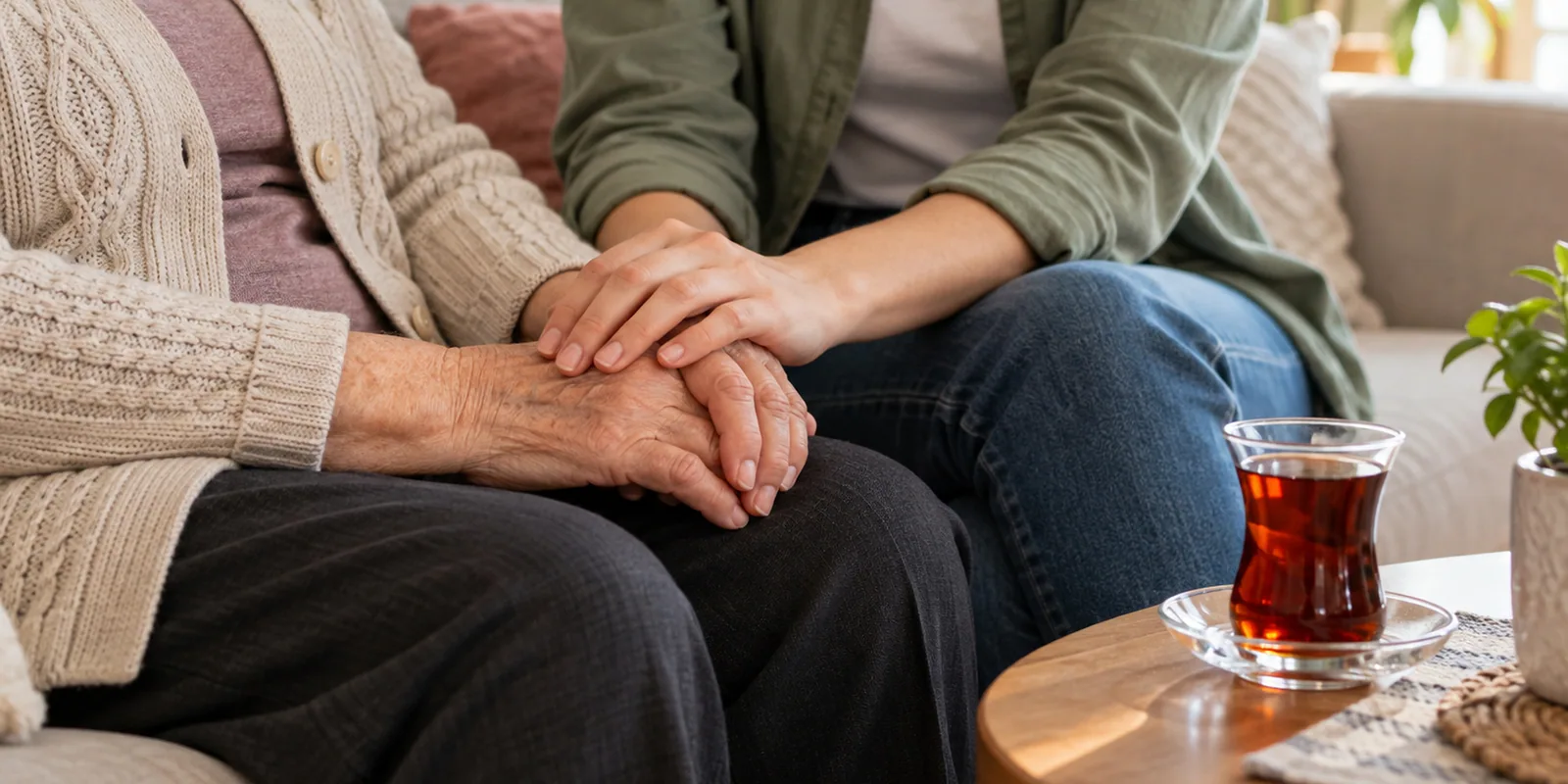A younger relative holding an older adult's hand.