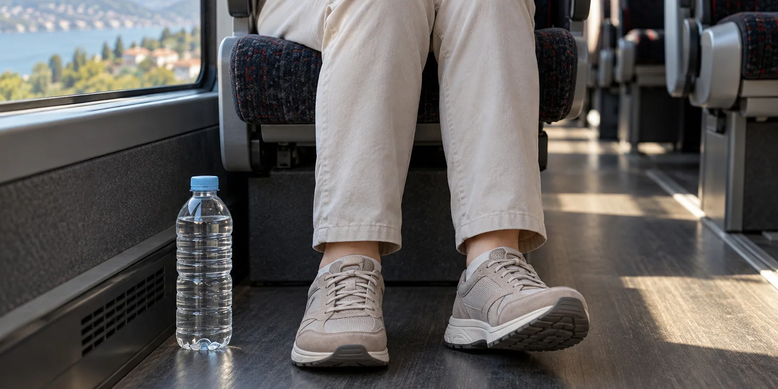 A traveller moving their ankles while seated on a journey.