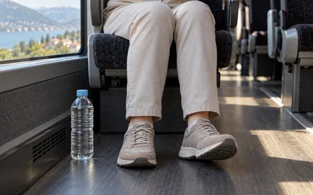 A traveller moving their ankles while seated on a journey.