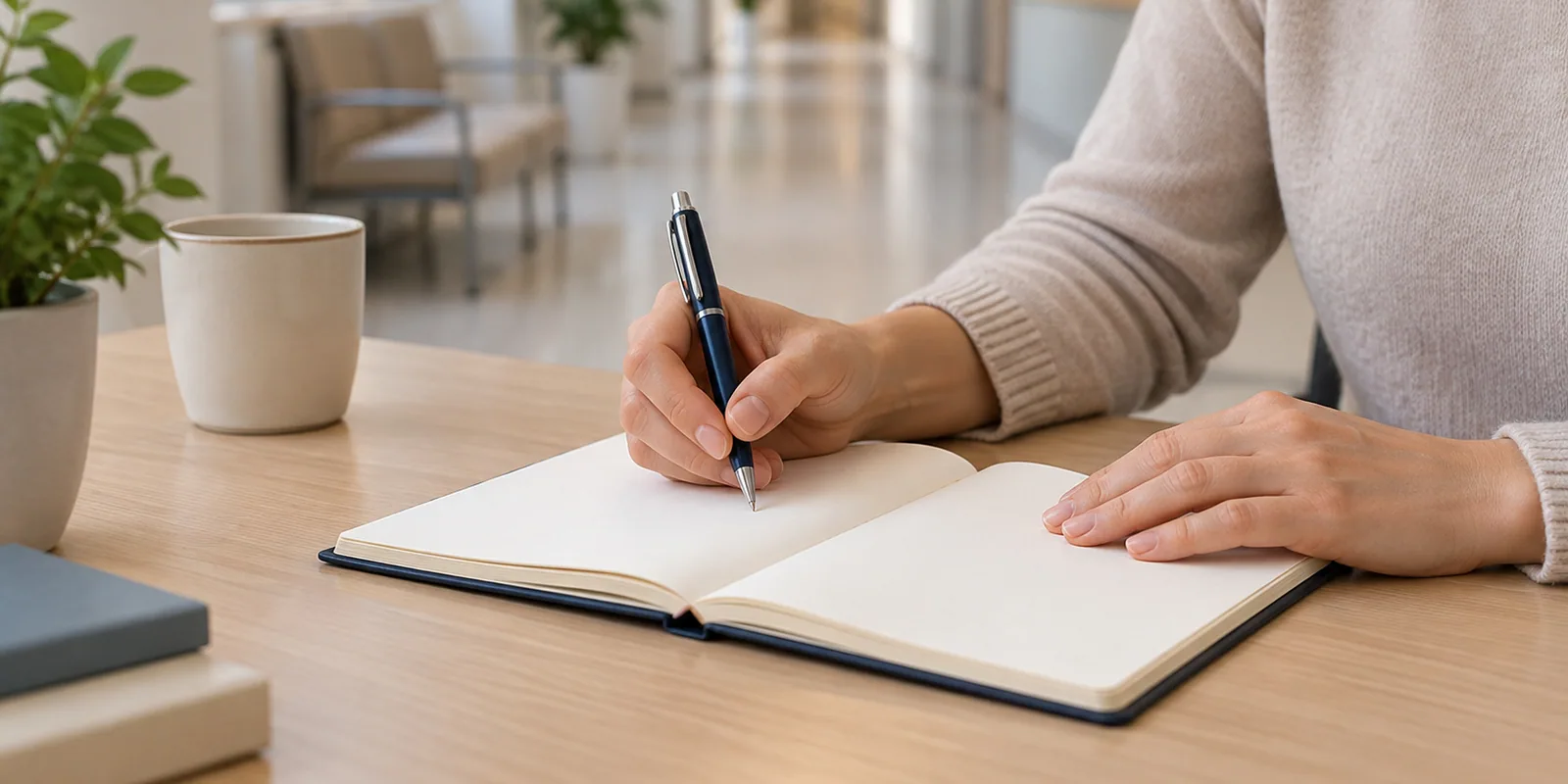 An adult holding a pen over a blank notebook.