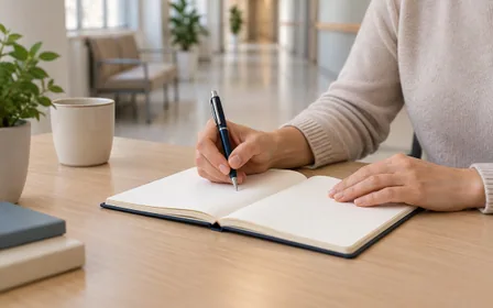 An adult holding a pen over a blank notebook.