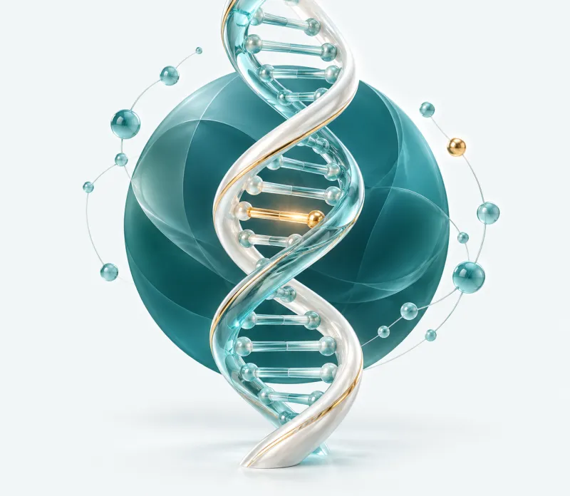 Turkuaz bir dairenin önünde parlayan DNA sarmalı ve çevresinde birbirine bağlı küçük küreler